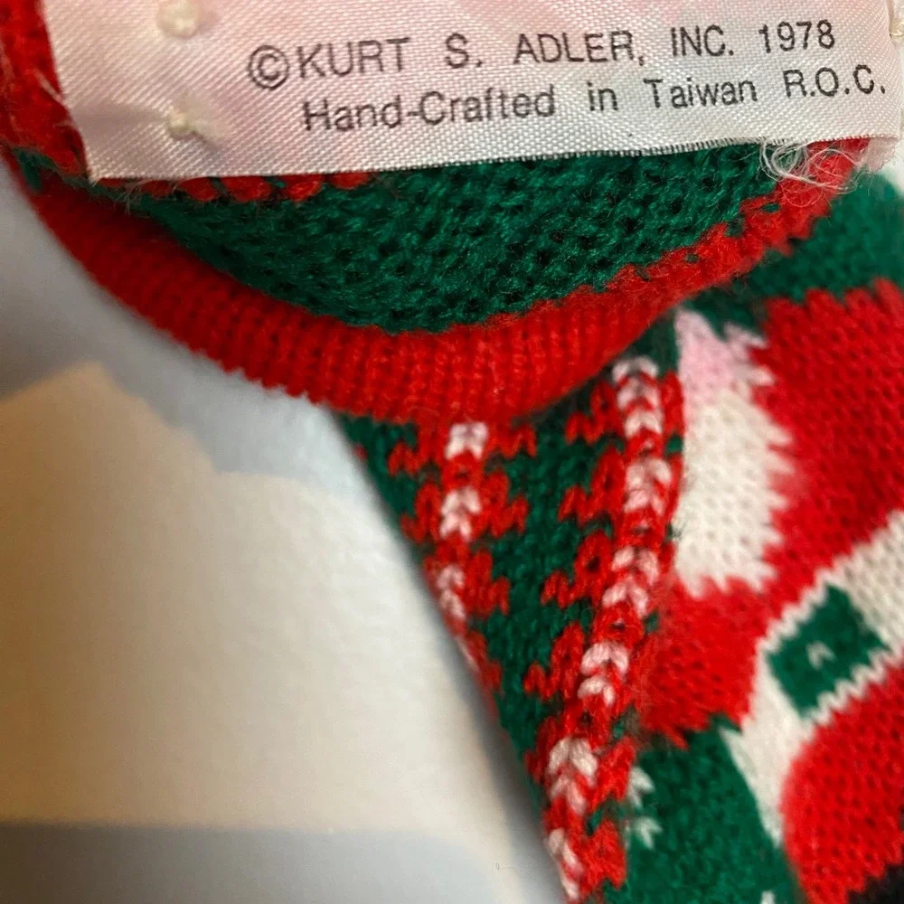 Vintage Christmas Stocking Kurt Adler 1978 Santa Red Green Knit Retro‎